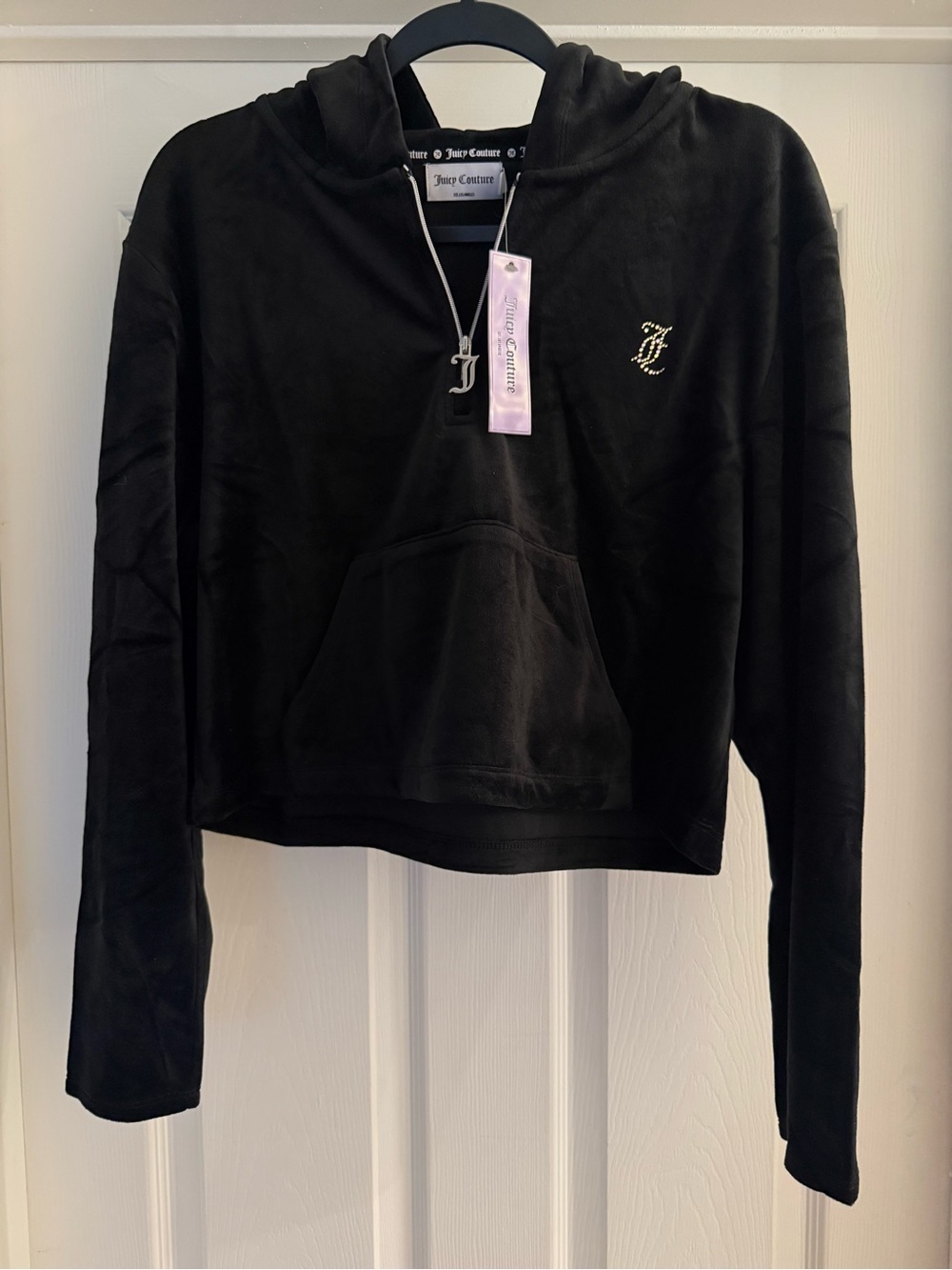 Juicy Couture Black Velour Cropped Hoodie with Gold Logo